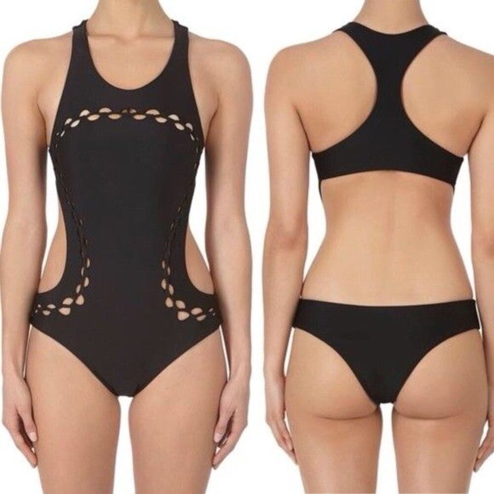 Mikoh Mahina Side Cutout One Piece Swimsuit Black High Neck Size L luxury Swim